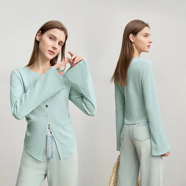 Amii Long Sleeve Women's T-shirt 2026 Autumn New Minimalist Slim Elastic Flare Sleeve Knitted Pullover Tops For Woman 12611001