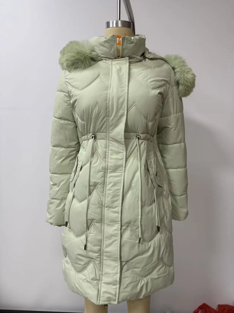 Women's Pink Commuter-Style Hooded Long Coat, Light Green Parkas, Black Thermal Jacket with Drawstring At The Waist Overcoat.