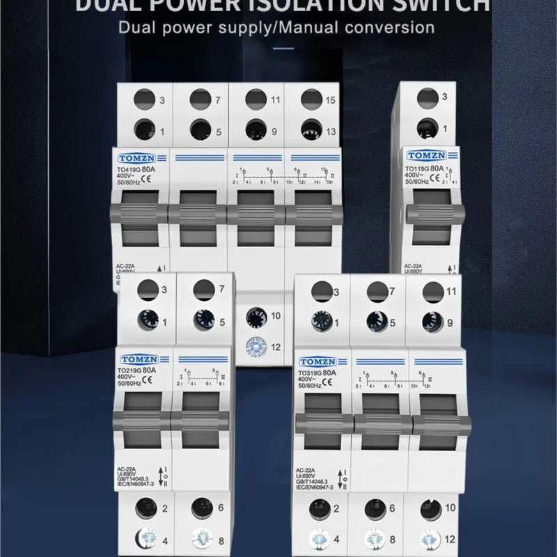 TOMZN TO419G Changeover Switch 1234P 400V 80A MTS Dual Power Manual Transfer Isolating Interlock Circuit Breaker Disconnectable