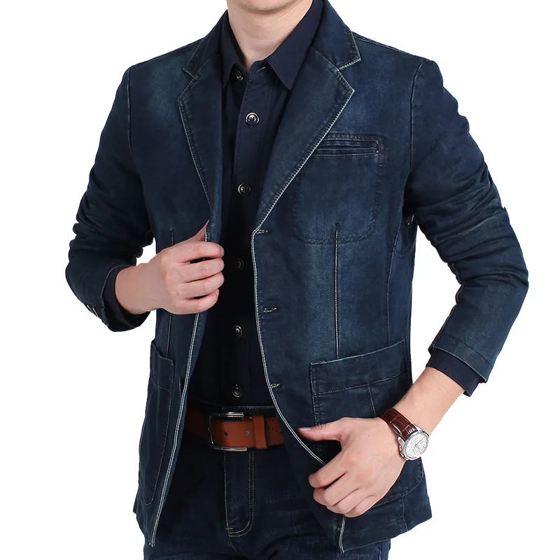 2026 New Men's Blue Denim Suit Jacket, Single-breasted V-neck Casual Coats, Black Gray Blazers S-XXXXL