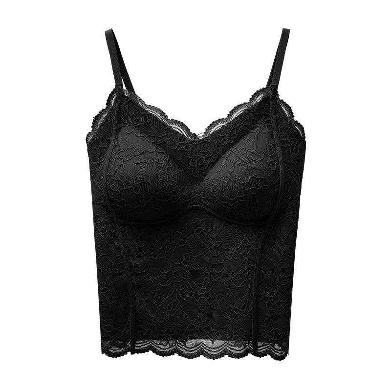 Sexy Slim-fitting French Lace Sling Vest for Women Fixed Cup Double Breasts Gathered Inner Top One Piece Sleepwear Pajamas