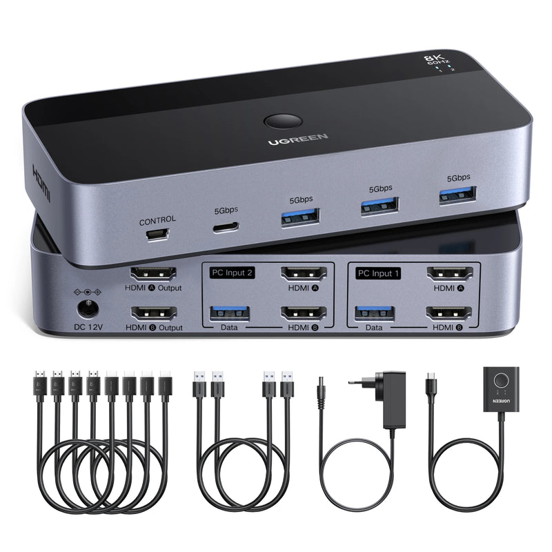 UGREEN 8K 60Hz HDMI KVM Switch for 2 Monitor 2 PCs Upgrade USB 3.0 Sharing Monitor Keyboard Mouse Printer