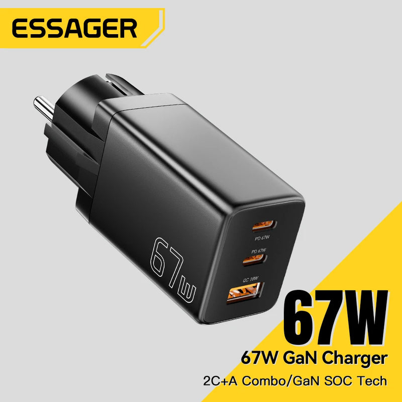 ឆ្នាំងសាក Essager GaN USB Type C 67W 45W 33W KR EU Plug សាកថ្មលឿនសម្រាប់ Samsung iPhone 16 15 14 Pro Huawei ទូរស័ព្ទ កុំព្យូទ័រយួរដៃ ឆ្នាំងសាក