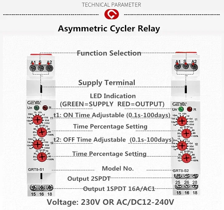 GEYA Asymmetric Cycle Time Relay SPDT 220V 16A  AC/DC12V-240V Electronic Repeat Relay