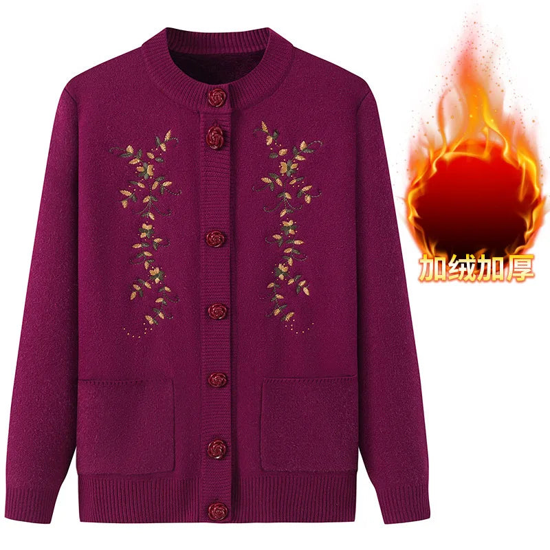 Fdfklak Vintage Print Woolen Shirt Casual Knitted Sweater Women Autumn Winter Velvet Cardigans Coat Middle Aged Mother Tops