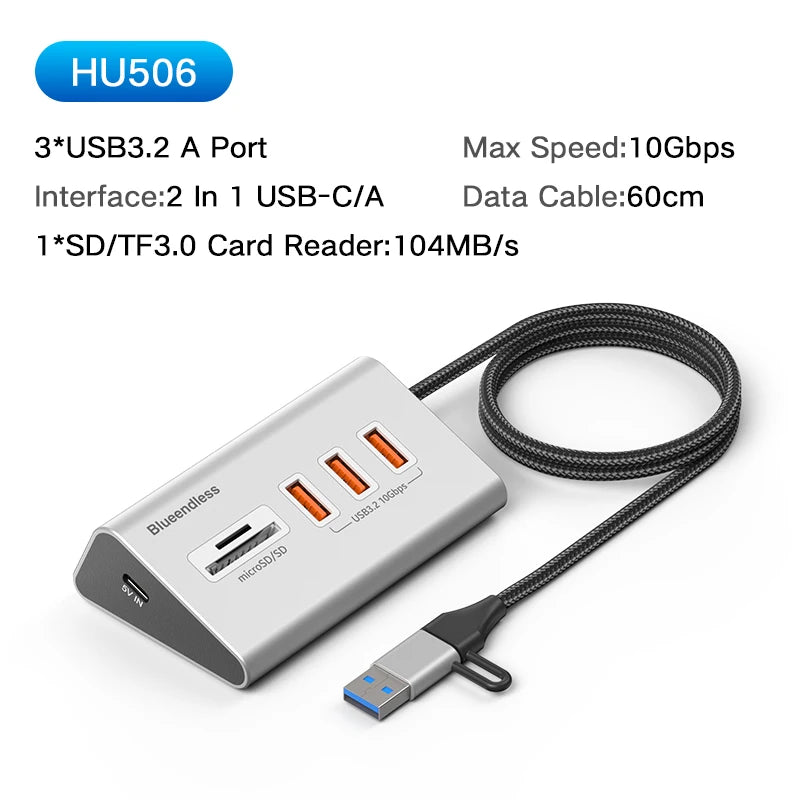ស្ថានីយ៍ចត HUB អាលុយមីញ៉ូម Blueendless 10Gbps USB3.2 Gen2 4/10 រន្ធ USB-C USB-A ប្រភេទ C ឧបករណ៍បំបែកសម្រាប់កុំព្យូទ័រកុំព្យូទ័រយួរដៃ macbook