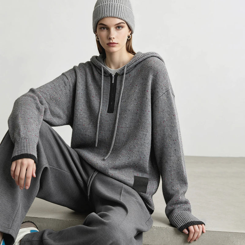 Amii Half-Zip Hooded Color Block Knit Pullover Drop Shoulder Loose Fit Casual Commuter 2026 Winter Women's Sweaters 12654035