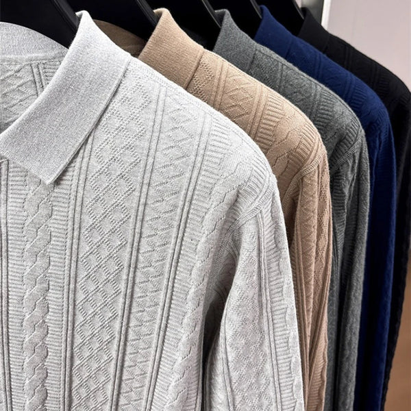 Men's Long Sleeve Waffle Knit Polo Shirt – 100% Cotton, Slim Fit, Business Casual Top for Autumn Winter