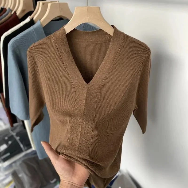 Thin Knit Tops 2026 Bottoming Shirts Women Sweater Short Sleeve V-neck Stripe Knitwears Slim Fit Shirt Korean Summer Pullovers