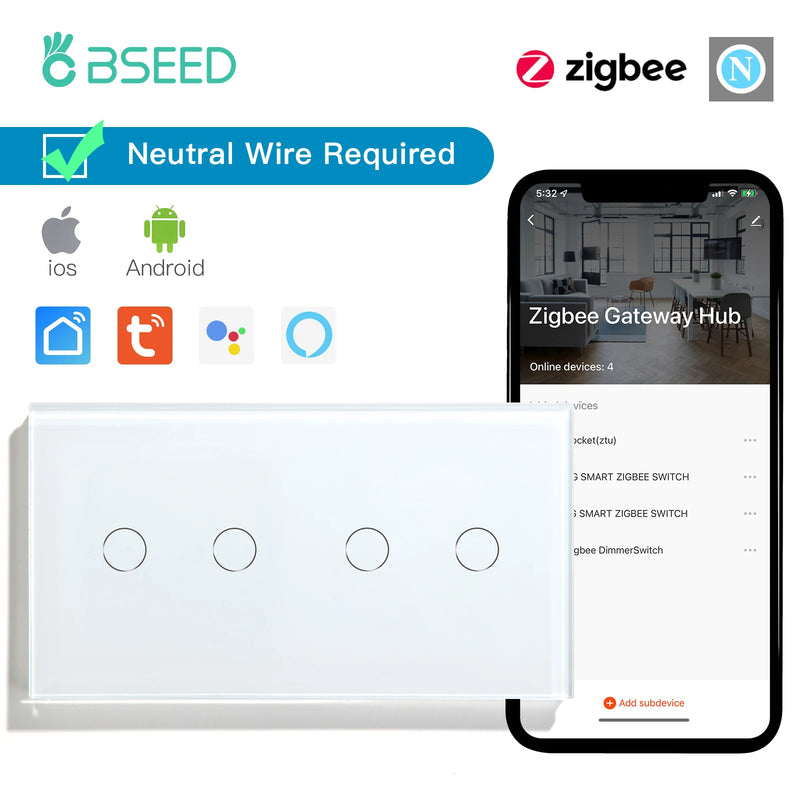 BSEED Zigbee Smart Switch Double 1/2/3Gang 1/2/3Way Wireless Light Switch Support Tuya Google Home App Alexa Voice Control