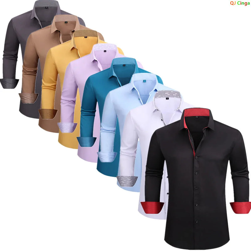 Men's Black Long-sleeve Stretch Shirt, Red Patchwork-trimmed Shirts, Commuter-style Single-Breasted Lapel Tops.