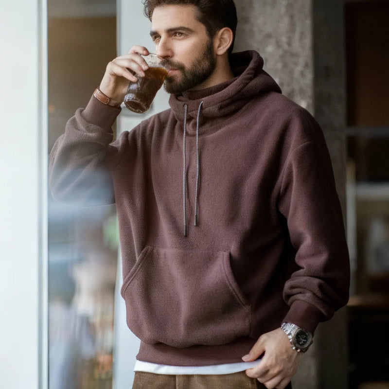 Maden Casual Polar Fleece Hooded Sweatshirt Solid Color Windproof Pullover with Face Mask Warm Tops for Men's Fall and Winter