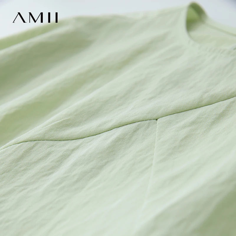 AMII Women Elegant Summer Dresses 2026 Round Neck Lantern Sleeve Solid Dress Female New Fashion Office Lady Clothing 12542030