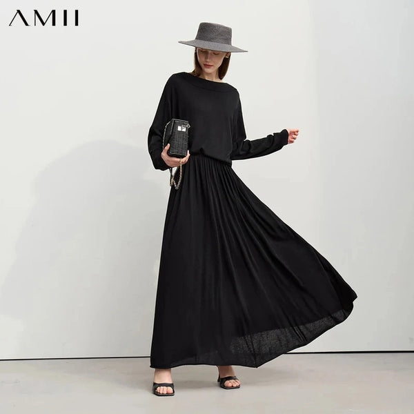 Amii Autumn Minimalist Long Skirt 2026 New Solid Color Loose Skirts For Women Elastic Waist A-Line Knit Female Clothes 12651010