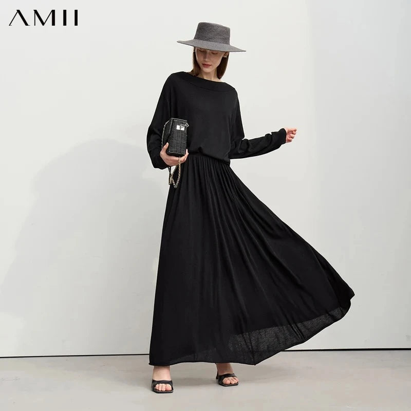 Amii Autumn Minimalist Long Skirt 2026 New Solid Color Loose Skirts For Women Elastic Waist A-Line Knit Female Clothes 12651010
