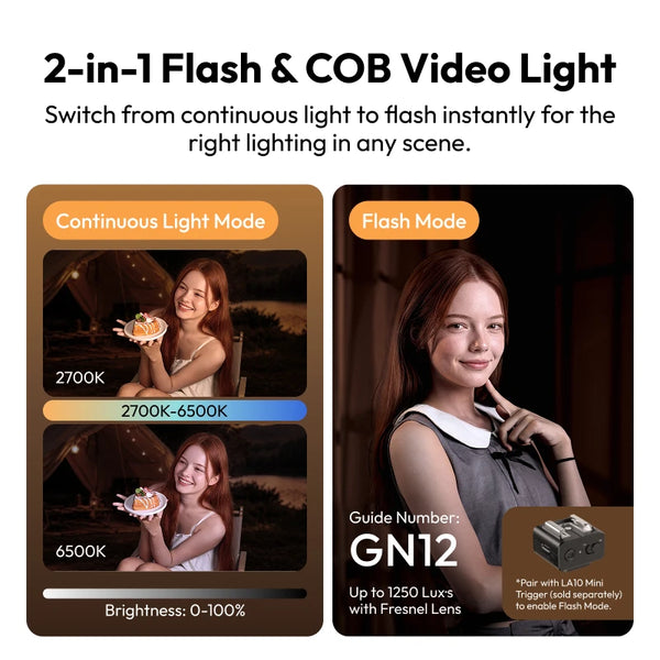 ភ្លើងវីដេអូ Ulanzi LC60 60W ចល័ត LightOn COB ជាមួយចំណុចទាញ Mini Bowens 2700-6500K ភ្លើង LED សម្រាប់ស្ទូឌីយោ APP Control