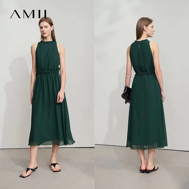 រ៉ូប AMII ស្រាល chiffon ខ្យល់ចេញចូលបាន រដូវក្តៅ ឆ្នាំ២០២៦ វិជ្ជាជីវៈការិយាល័យនារីដៃខ្លី រ៉ូបវែងរលុង ចង្កេះស្ដើង 12552023