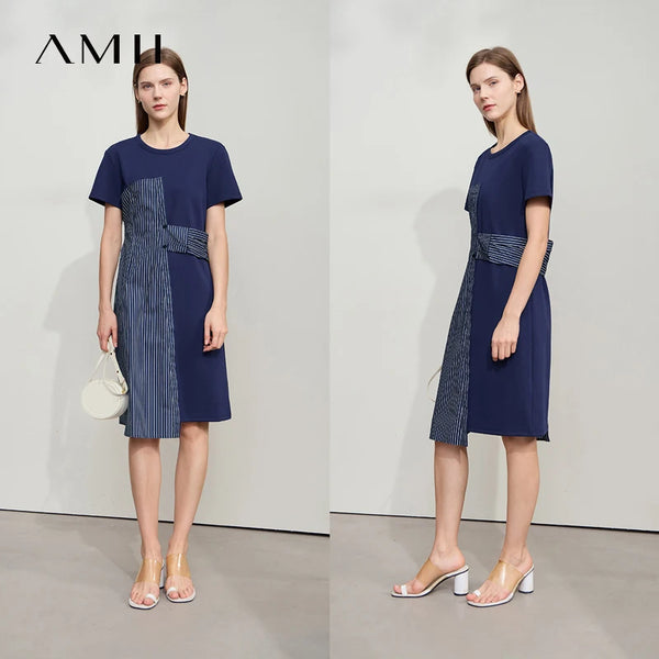រ៉ូបរដូវក្តៅ AMII Minimalism សម្រាប់នារី កអាវខ្លី ដៃខ្លី ឆ្នូតយឺត ពណ៌ផ្ទុយ រ៉ូបចូលរួមពិធីជប់លៀង 12542262