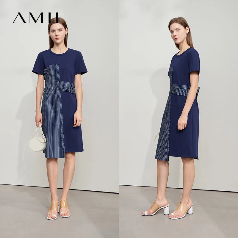 រ៉ូបរដូវក្តៅ AMII Minimalism សម្រាប់នារី កអាវខ្លី ដៃខ្លី ឆ្នូតយឺត ពណ៌ផ្ទុយ រ៉ូបចូលរួមពិធីជប់លៀង 12542262