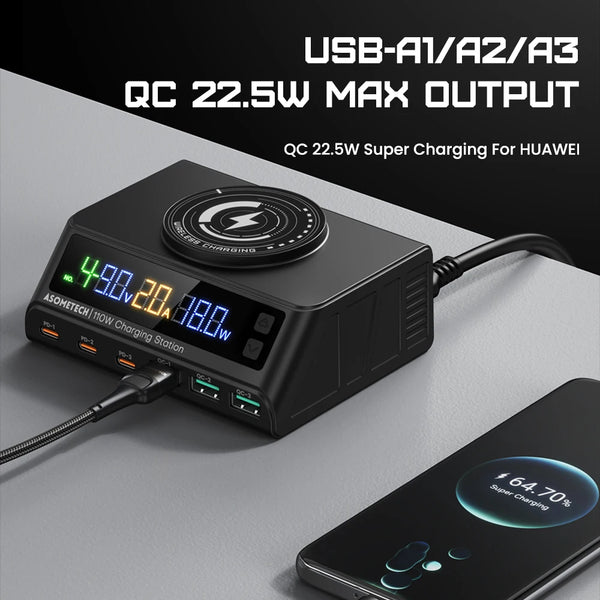 ឆ្នាំងសាកឥតខ្សែ 110W USB Multi Charger 6-Port Desktop PD QC 3.0 Type C Fast Charging Station សម្រាប់ iPhone Laptop Xiaomi Samsung