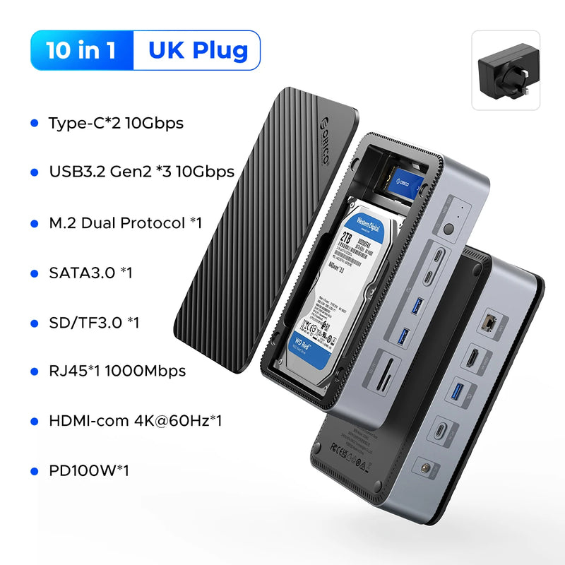 ORICO Docking Station Deck with Dual M.2 NVME SSD Case 3.5 Hard Drive Enclosure Steam Dock 10 in 1 HDMI 4K60Hz PD100W Ethernet