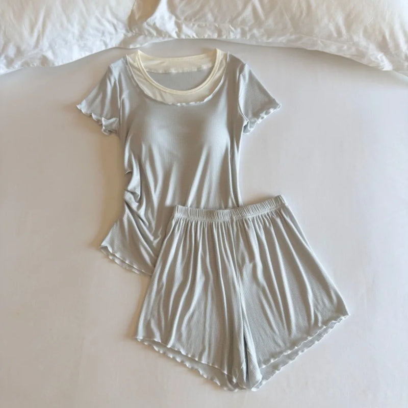 New Women's Summer Pajamas Set Chest Pads Home Clothes Thin Short Sleeve Top Shorts 2 Piece Loungewear Sleepwear Suit Pijama