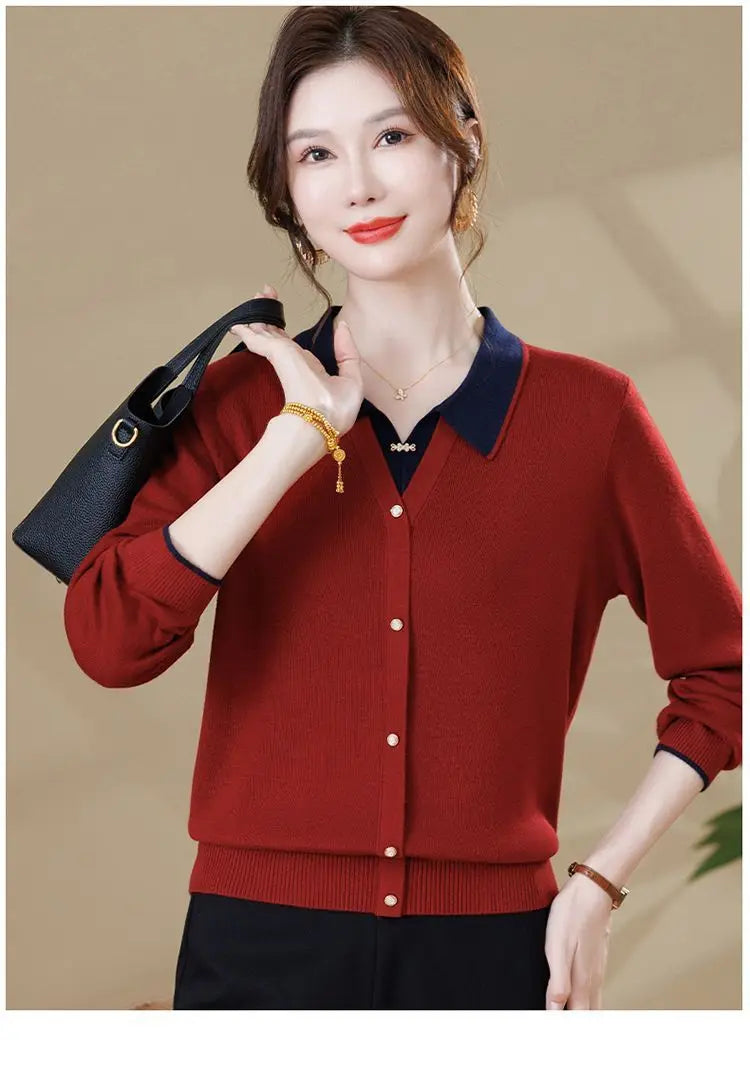 Fake Two Piece Sweater For Women Lapel Long Sleeve Tops Spring Autumn Knitwear Jumper Basic Wear Pullover Mother Clothing