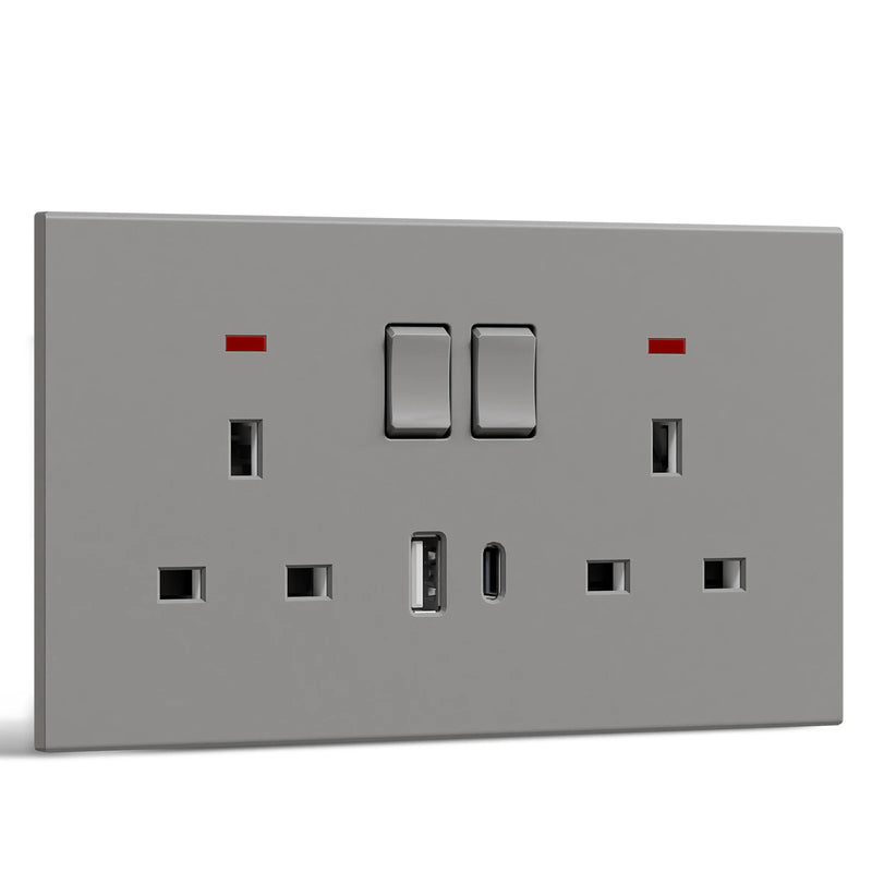 BSEED UK Standard Switched Wall Socket with USB Type-C Port 13A Electric UK Outlet with Switch On Off Integrated Panel Plastic