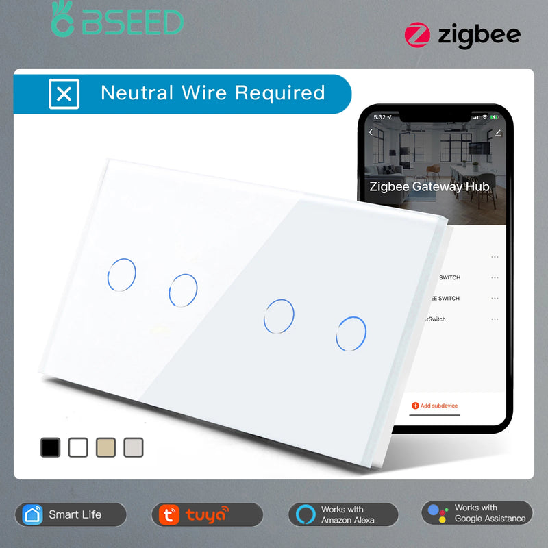 BSEED Zigbee Light Switches Double Smart Switch Touch Sensor Switch No Neutral Tuya Smart Life Alexa Control Home Improvement