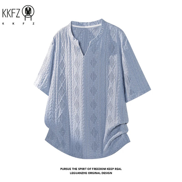 Male Lightweight Hollow Jacquard Short Sleeve Shirt V Notch Henley Neck Oversized Fit For Travel And Casual Outing