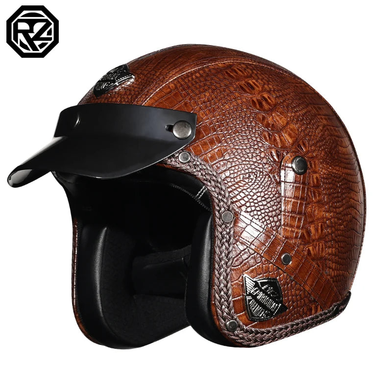 Retro Motorcycle Helmet PU Leather Open 3/4 Chopper Bicycle Helmet CapacetDOT Certification