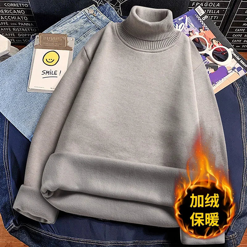 Winter Thermal Base Layer Men High Collar Knitted Pullover Full Fleece Lined Soft Long Sleeve Daily Commute Sweater
