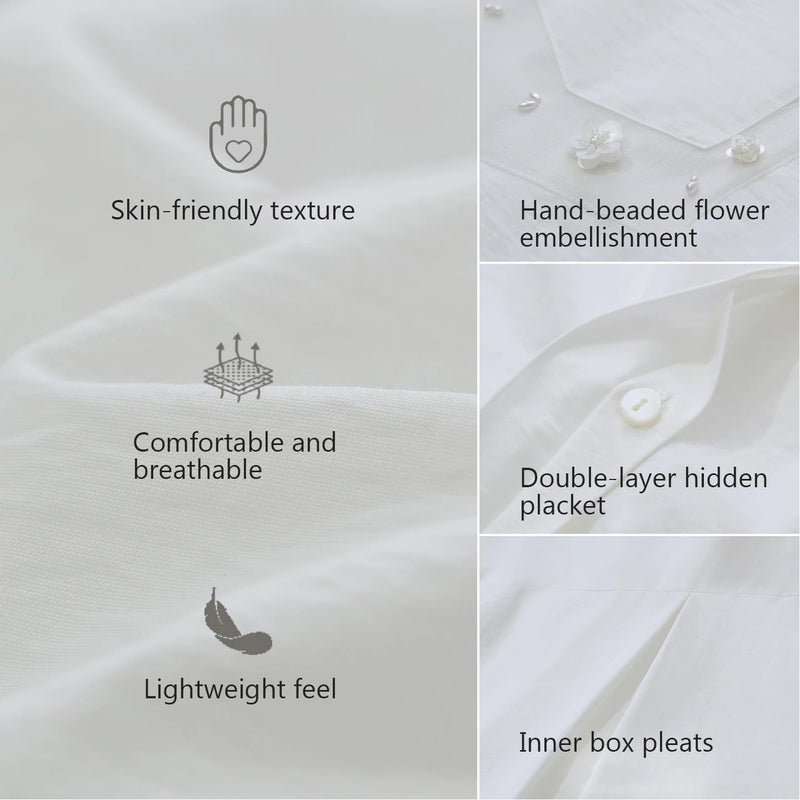 Amii Women's White Shirt 2026 Summer New Beaded Lapel Organza Patch Short Sleeve Blouse Loose Women's Casual Shirts 12642010