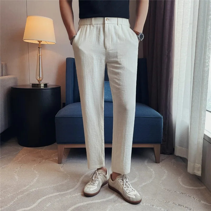 Men's Old Money Style Linen Blend Cropped Trousers – Breathable, Lightweight & Wrinkle-Resistant Straight-Leg Pants for Summer