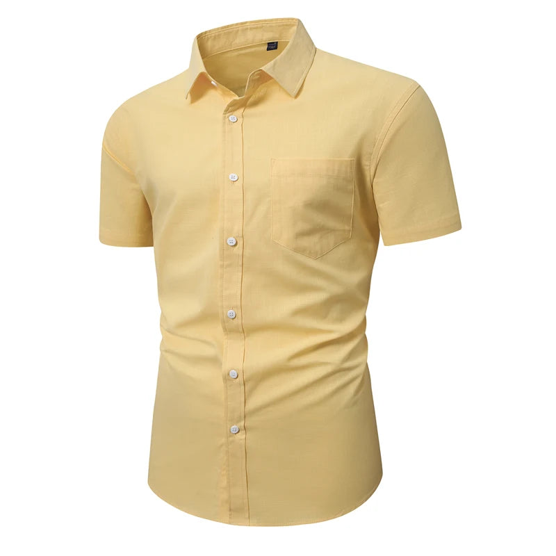 2026 New Men's Short-sleeved Shirt,Single-breasted Square Collar Bamboo Cotton Shirts, Very Time Office Leisure,White Black Blue