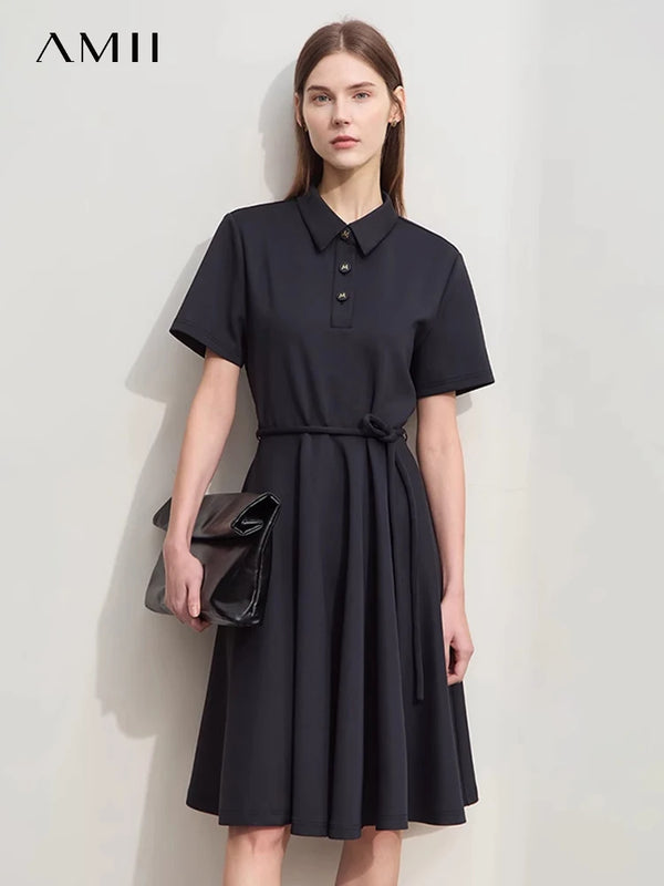 រ៉ូបថ្មី Amii Minimalism រដូវក្តៅឆ្នាំ ២០២៤ សម្រាប់ស្ត្រី POLO កអាវពាក់កណ្តាល Placket ដៃខ្លីជាមួយខ្សែក្រវ៉ាត់ រ៉ូប A-Line ស្ដើង 12442093