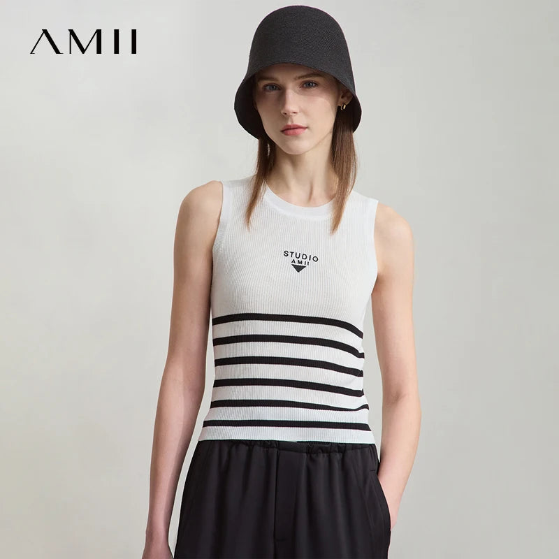 អាវកាក់រដូវក្តៅថ្មីរបស់ Amii Minimalist សម្រាប់ស្ត្រី កអាវរាងអក្សរ O ឆ្នូតៗ ប៉ាក់ពណ៌ ដៃអាវប៉ាក់ 12512036