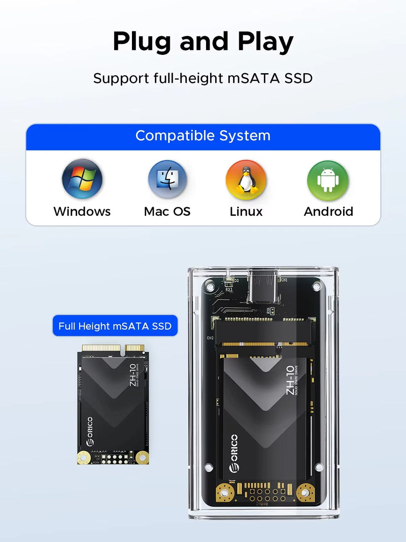 ORICO mSATA SSD Case to USB 3.2 Gen1 SSD Enclosure Adapter Transparent External Adapter 5Gbps for mSATA NGFF SSD Samsung