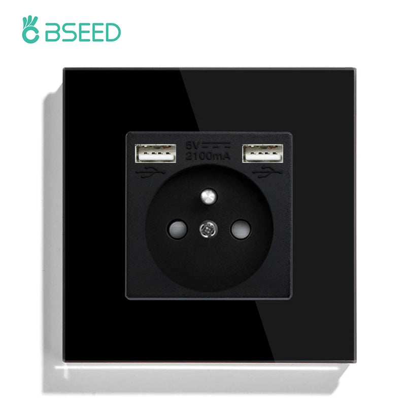 BSEED France Standard Wall Electrical Outlet USB Type-C Charge Port Glass Panel 20W Fast Charge French Socket 110-250V