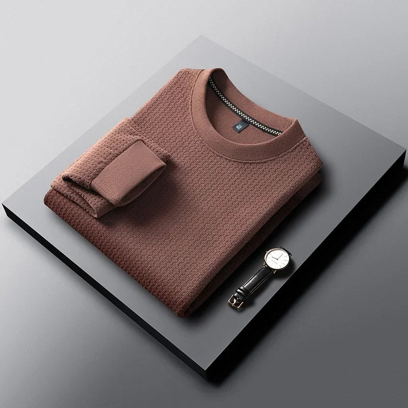 Mens Casual Stretch Long Sleeve Pullover Top Crew Neck Waffle Knit Texture Shirt Breathable Fabric Daily Wear