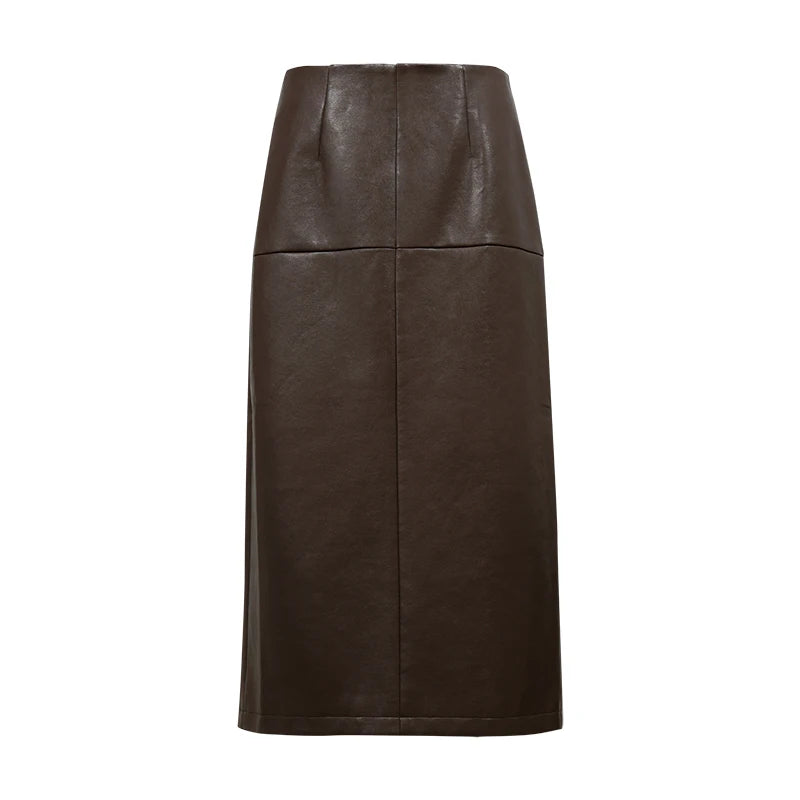 Amii Women PU Skirt Autumn Satin Elastic Waist Sash Belt Elegant Vintage Straight Midi Skirts Office Woman Clothing 12623056