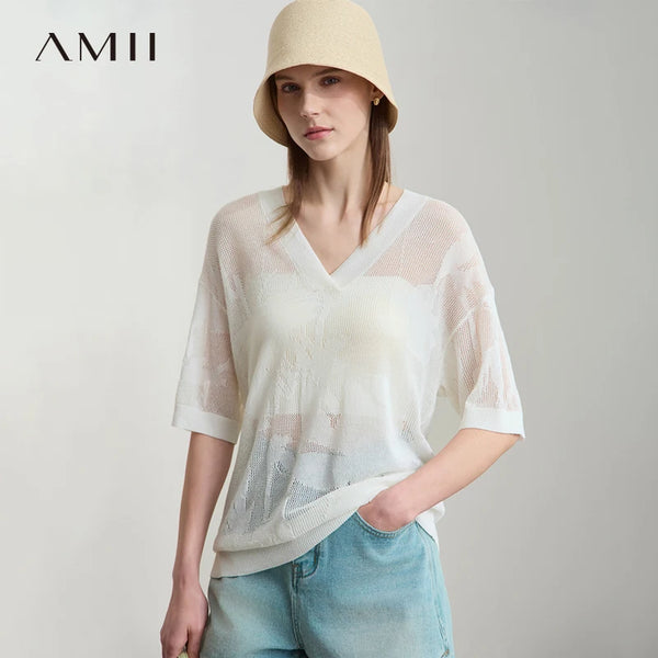 អាវយឺតប៉ាក់ Amii សម្រាប់នារី 2026 រដូវក្តៅថ្មី ក V ដៃអាវពាក់កណ្តាលប្រហោង ម៉ូដថ្មីសម្រាប់នារី អាវស្តើងរលុង 12552019