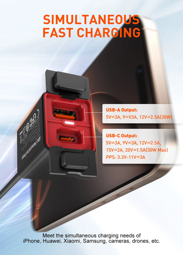 ឆ្នាំងសាកម៉ូតូ LDNIO 60W ជាមួយអាដាប់ទ័រសាកលឿន PD+QC3.0 30W USB C ធន់នឹងទឹក សាកថ្មបានលឿន ភ្ជាប់ជាមួយយានយន្ត