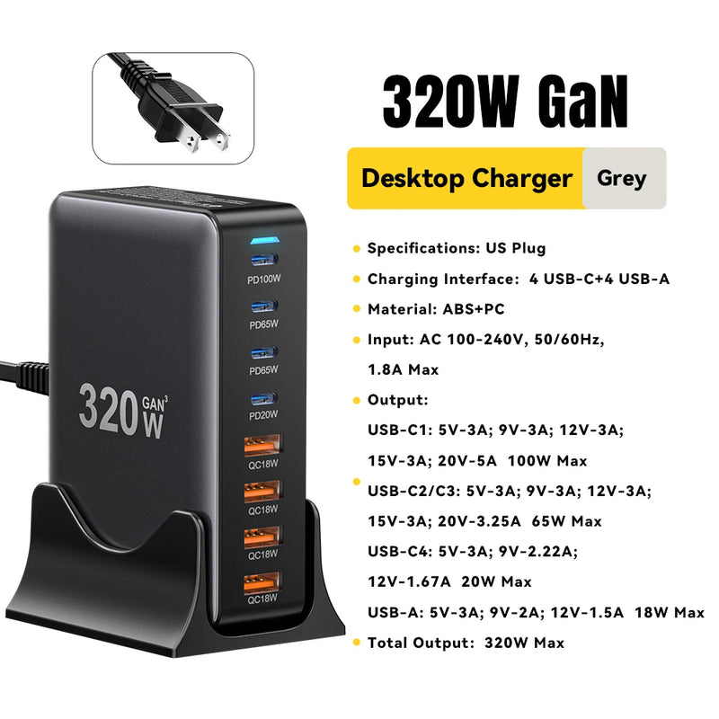 ឆ្នាំងសាក Essager 320W GaN 8 រន្ធ USB ប្រភេទ C ស្ថានីយសាកថ្មលើតុ PD 100W សាកថ្មលឿនសម្រាប់ iPhone 17 16 15 iPad MacBook កុំព្យូទ័រយួរដៃ