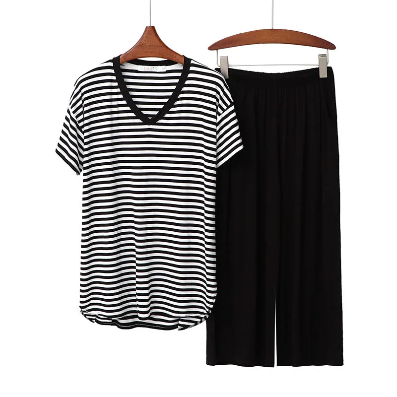 Spring Summer Pajamas For Women New Pijama Mujer Modal Stripe V Neck Shirt Nine Point Pants Suit Loose Home Wear Clothes
