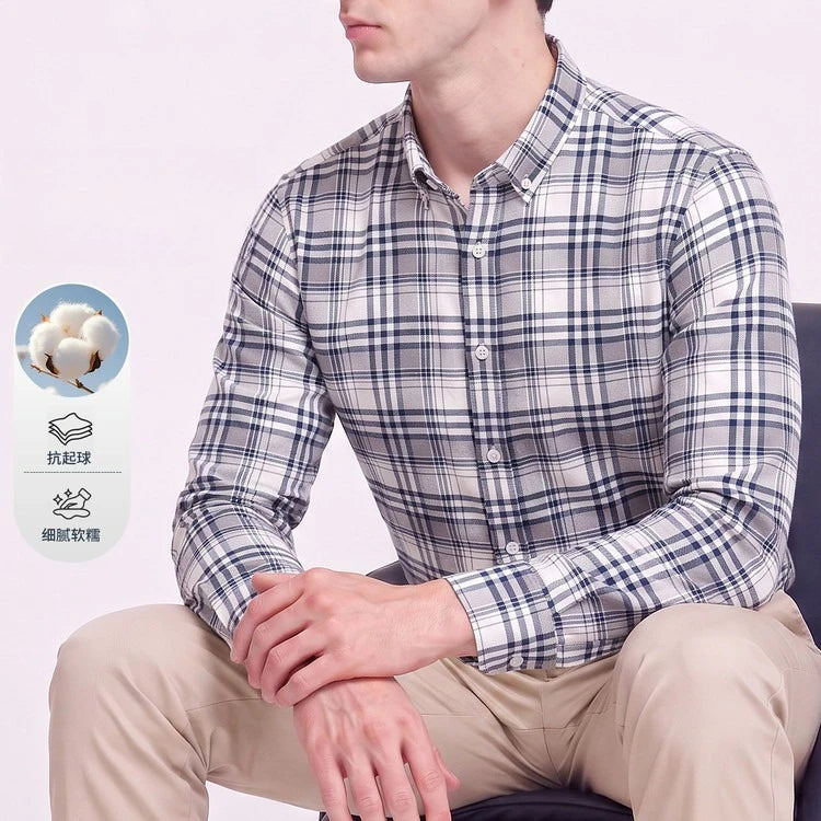 Men's 100% Cotton Brushed Plaid Long Sleeve Shirt – Soft Flannel Casual Button-Down for Outdoor & Daily Wear