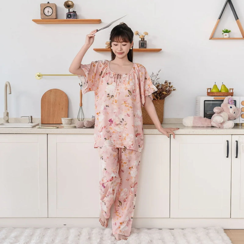 Thin Summer Wear Short Sleeve Home Suit For Women Pajamas Ladies Two-piece Set Pyjama Femmes Floral 2PCS Women's Pajamas Set