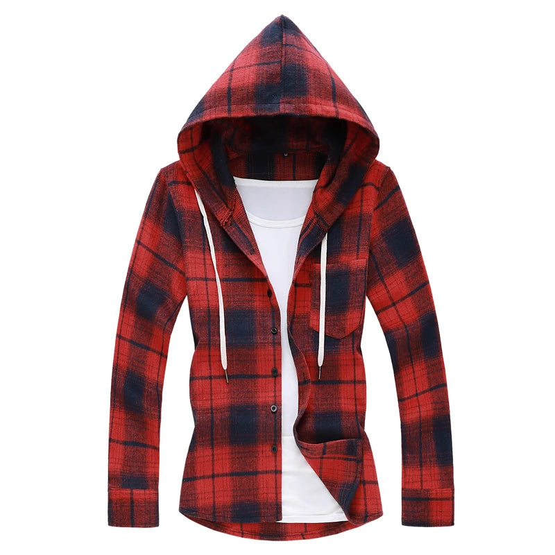 2026 New Men's White Plaid Hooded Shirt, Single Breasted, Long Sleeve Shirts, Black Fashion, Casual Tops