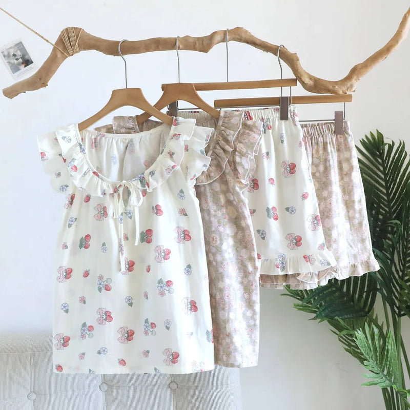 Floral Women's Pajamas With Shorts Summer Wear 2-Piece Set Sleepwear Women Nightwear Pyjama Femme 100% Cotton Home Clothing