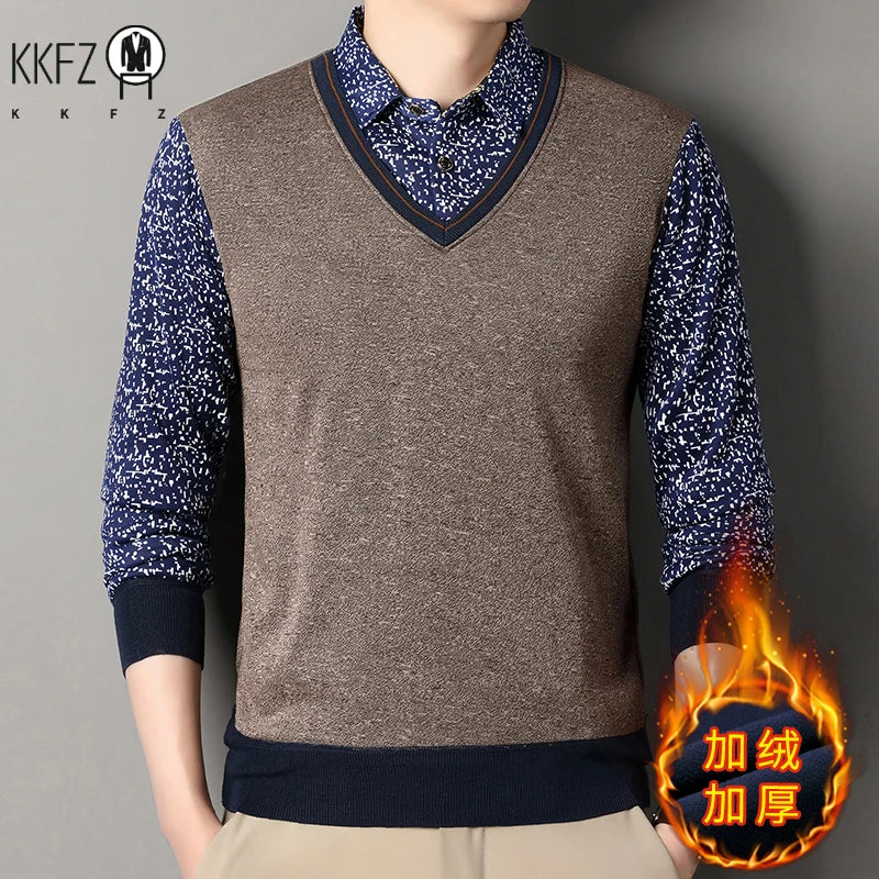 Men Thermal Knit Sweatshirt Faux Layered Style Printed Lapel Collar Fleece Inside Leisure Long Sleeve Pullover